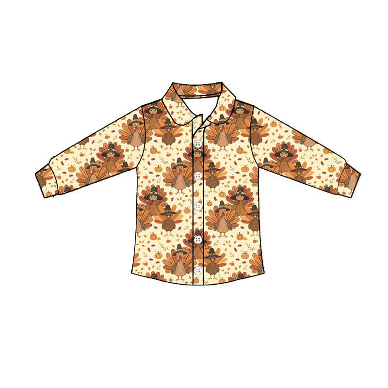 ( Moq 5 ) Preorder Baby Boys Kids Long Sleeves turkey Pumpkins Fall Buttons Shirt Tops