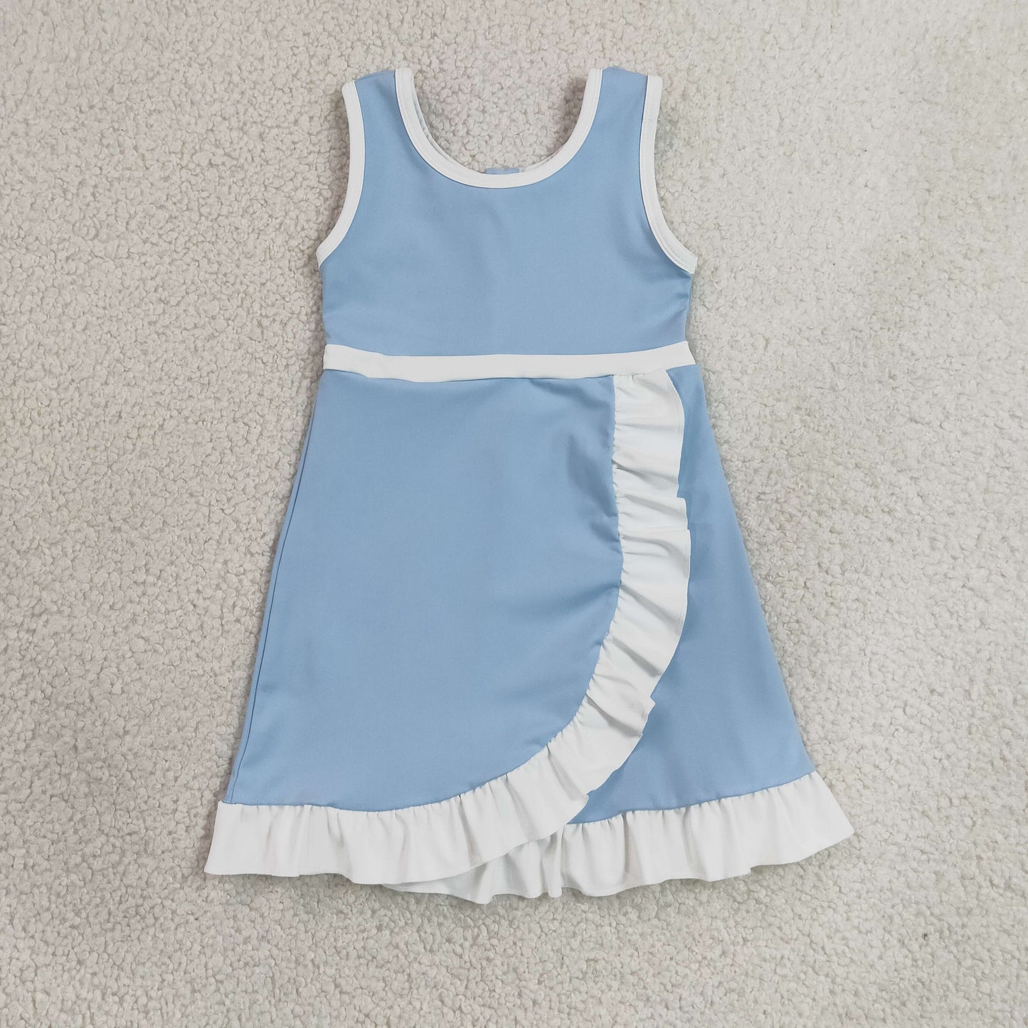 Baby Girls Kids Sleeveless Shorts Knee Length Scallop Light Blue Dress Yoga Active Clothes RTS