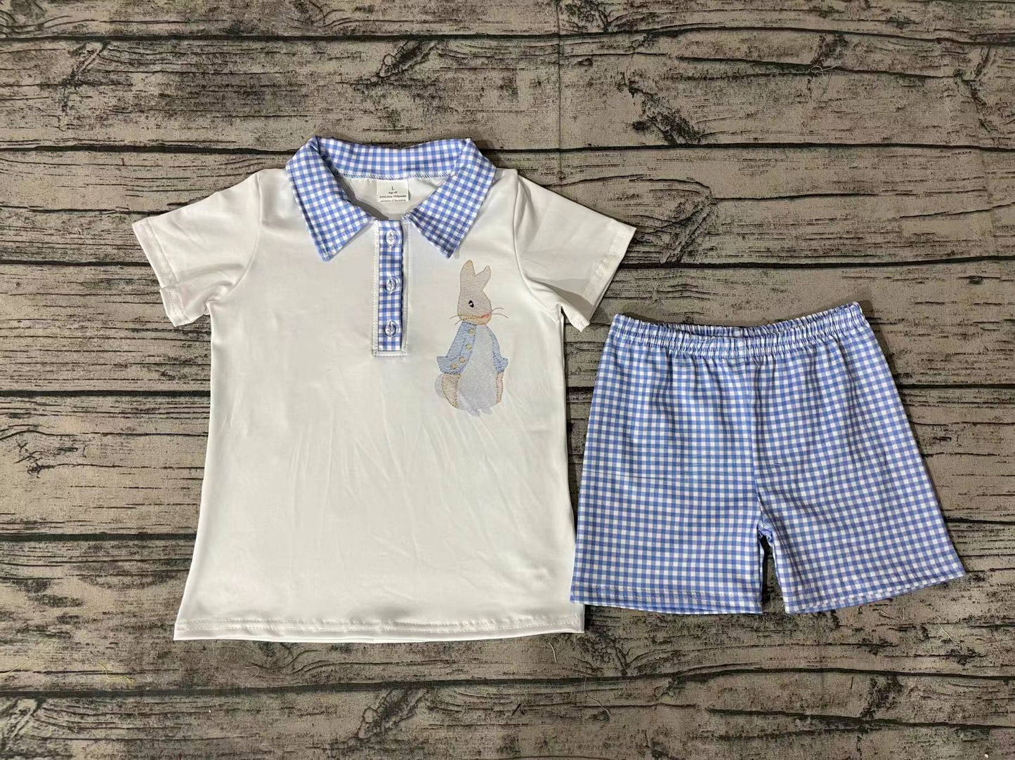 No moq Pre-order BSSO0415 Baby Boy Short Sleeves Rabbit Shirt Blue Plaid Shorts Easter Set