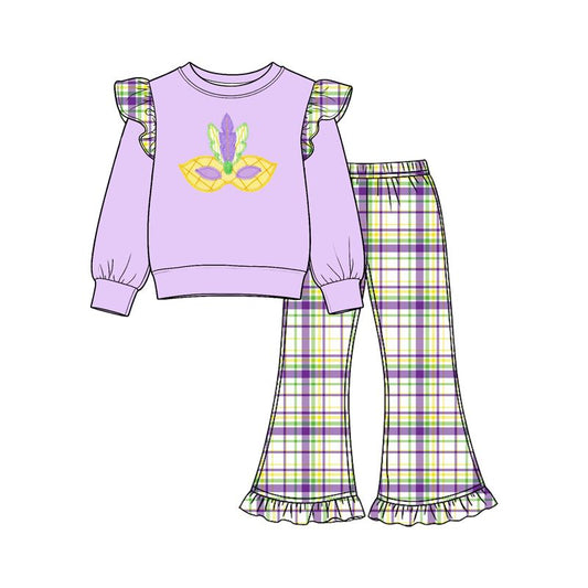 ( Moq 5 ) Preorder Baby Girls Kids Long Sleeves Masks Shirt Plaid Pants Mardi Gras Set Clothes