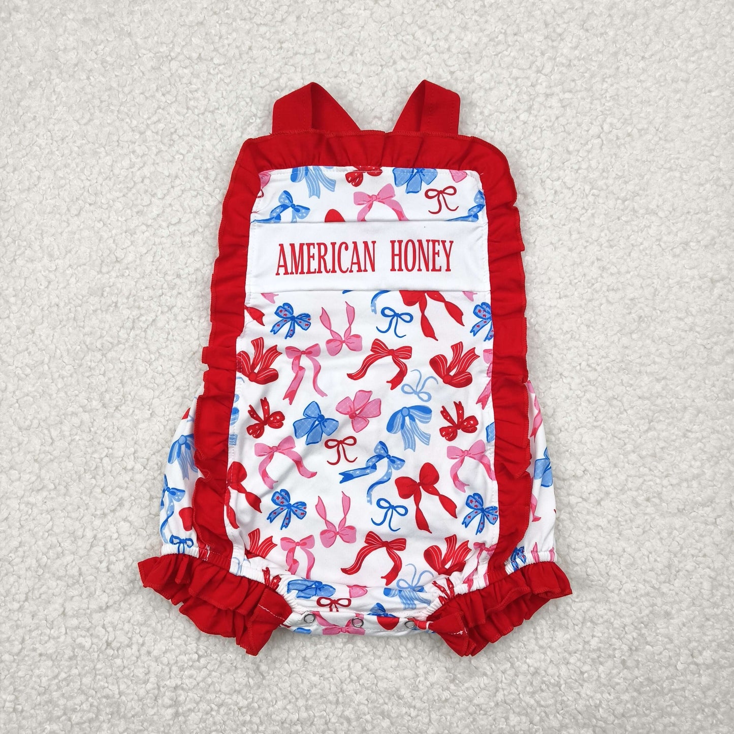 Baby Girl Straps American Honey Bows 4th Of July Romper RTS