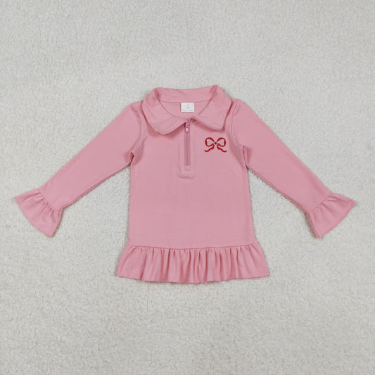 Baby Girls Kids Pink Long Sleeves Embroidery Bow Zipper Cotton Pullover Shirt