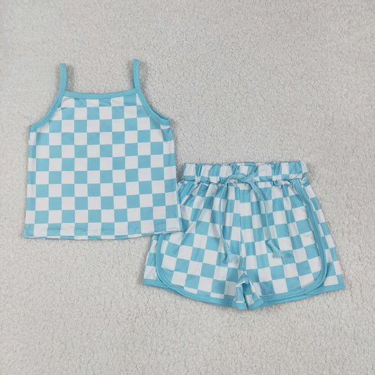 Baby Girl Toddler Straps Blue Checked Vest Tops Shorts Sports Set RTS