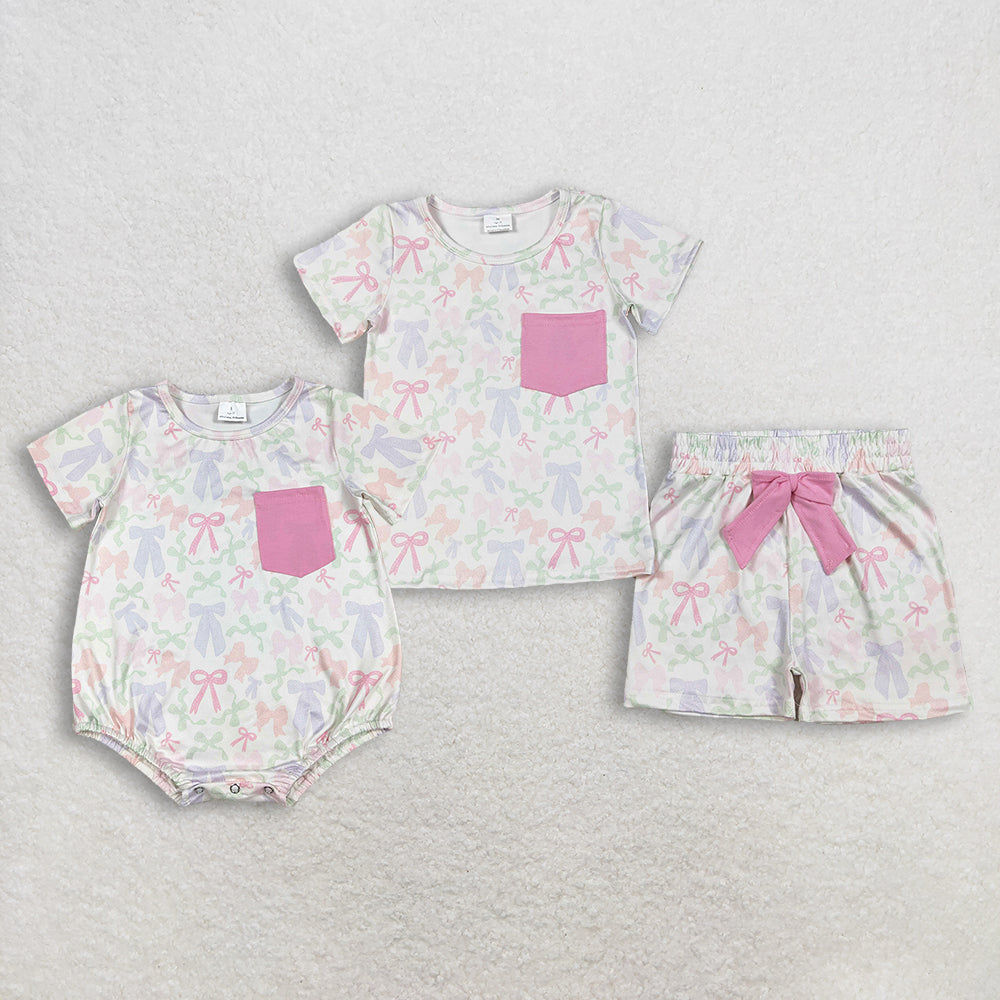 Sibling Baby Girls Kids Short Sleeves Bows Pocket Romper Set Summer Clothes RTS