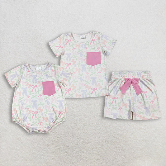 Sibling Baby Girls Kids Short Sleeves Bows Pocket Romper Set Summer Clothes RTS