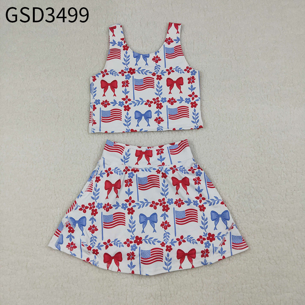 Baby Girls Flags Bows Flowers Tops Skirt Shorts 4th of July Set Yoga Clothes RTS