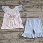 Baby Girl Short Sleeves Flower Bows Plaid Tunic Ruffle Blue Shorts Clothes Set RTS