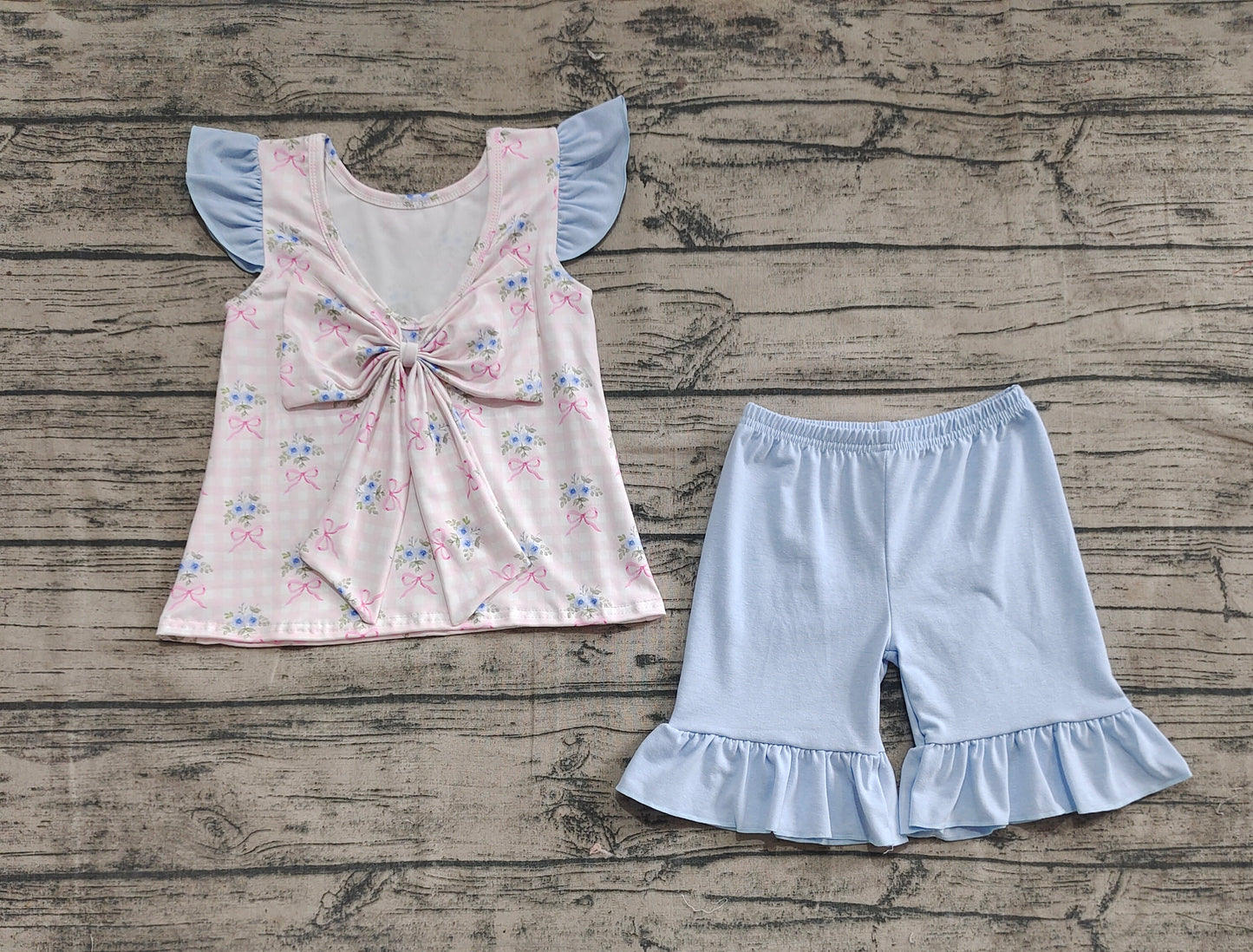 Baby Girl Short Sleeves Flower Bows Plaid Tunic Ruffle Blue Shorts Clothes Set RTS