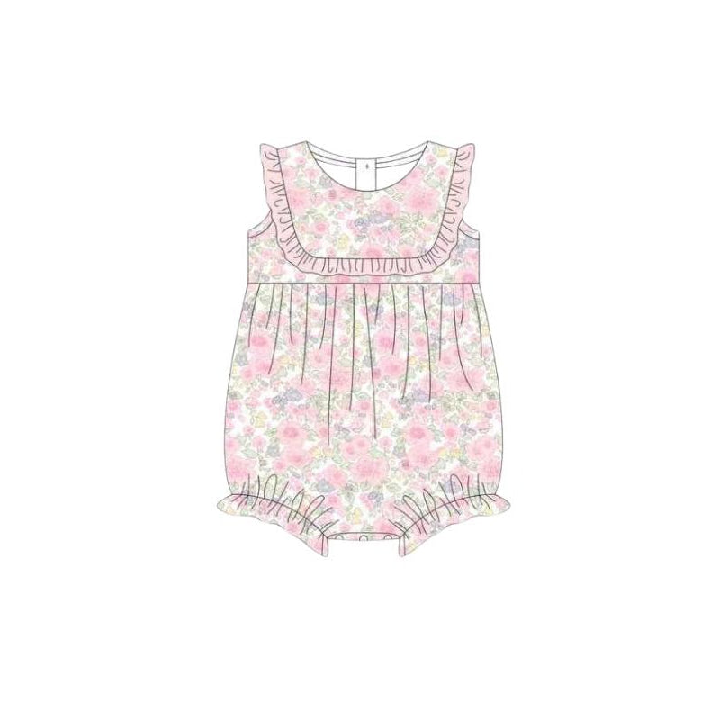 ( Moq 5 ) Preorder Baby Girls Infant Sleeveless Pink Flower Ruffle Bubble Romper