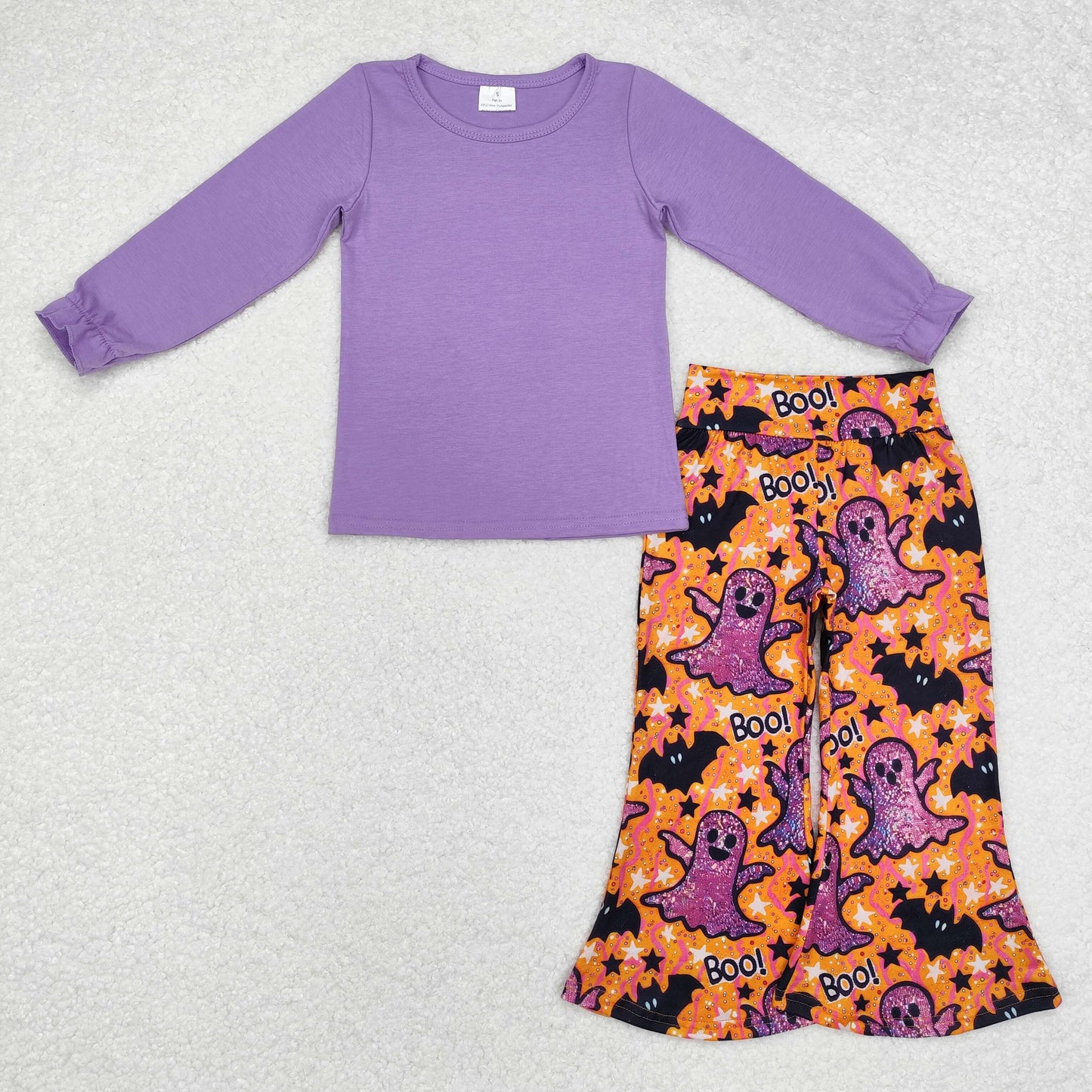 Baby Girl Purple Cotton Shirt Ghost Bell Pants Clothes Halloween Set