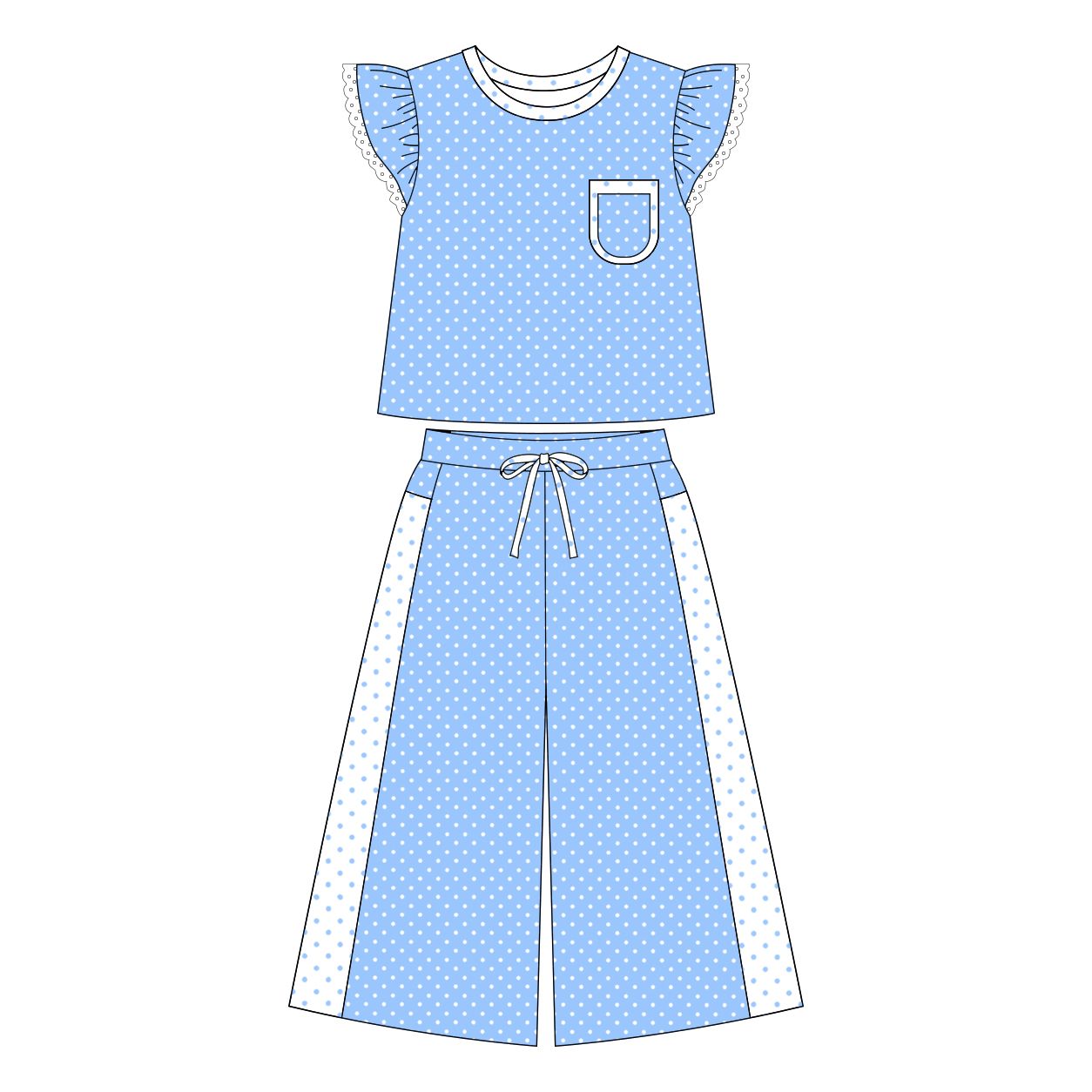 ( Moq 5 ) Preorder Baby Girl Kids Short Sleeves Pocket Shirt Dots Pants Blue Set Clothes
