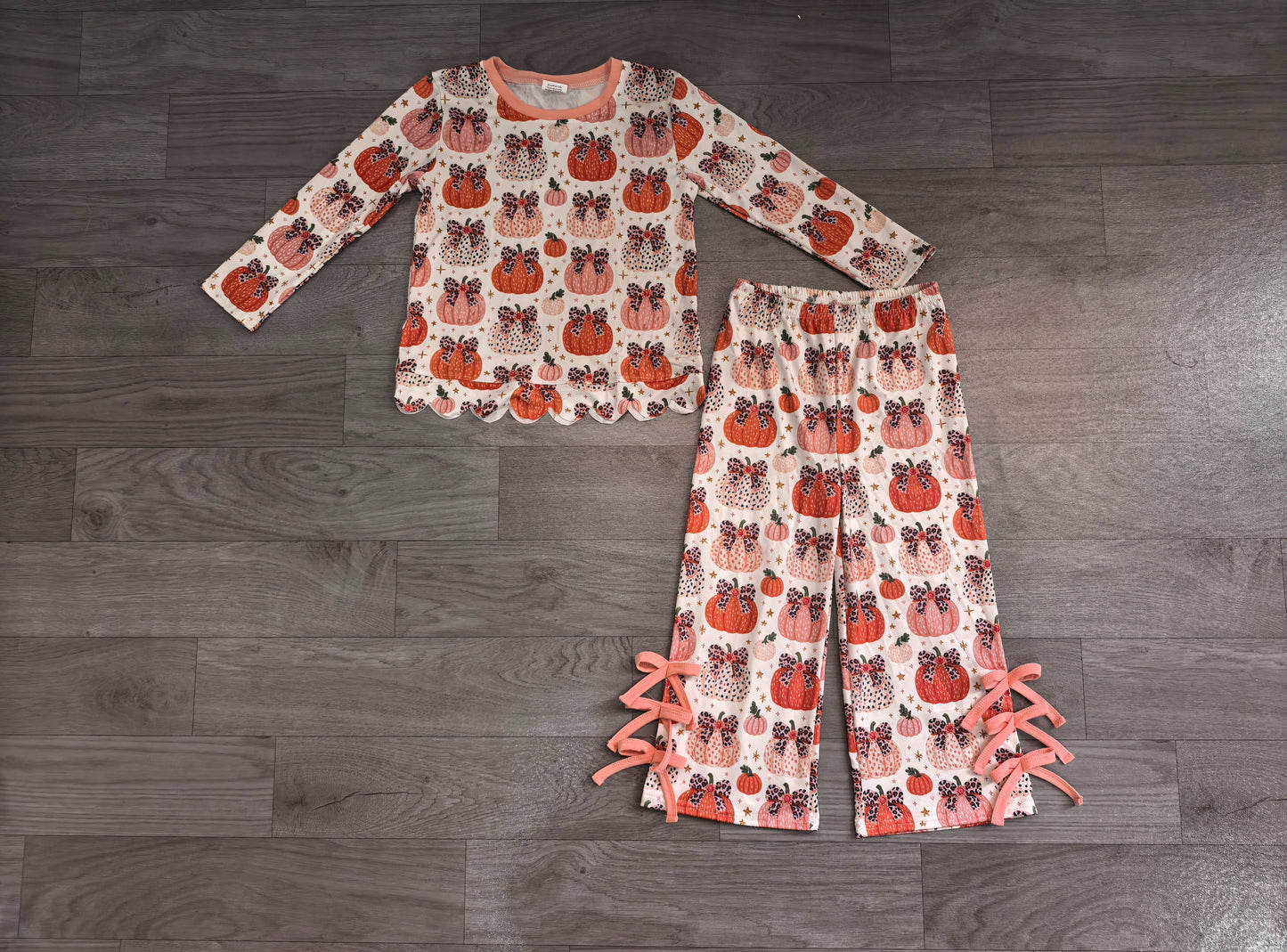 ( No moq ) Preorder Baby Girls Kids Pumpkins Bows Scallop Shirt Pants Set Fall Clothes