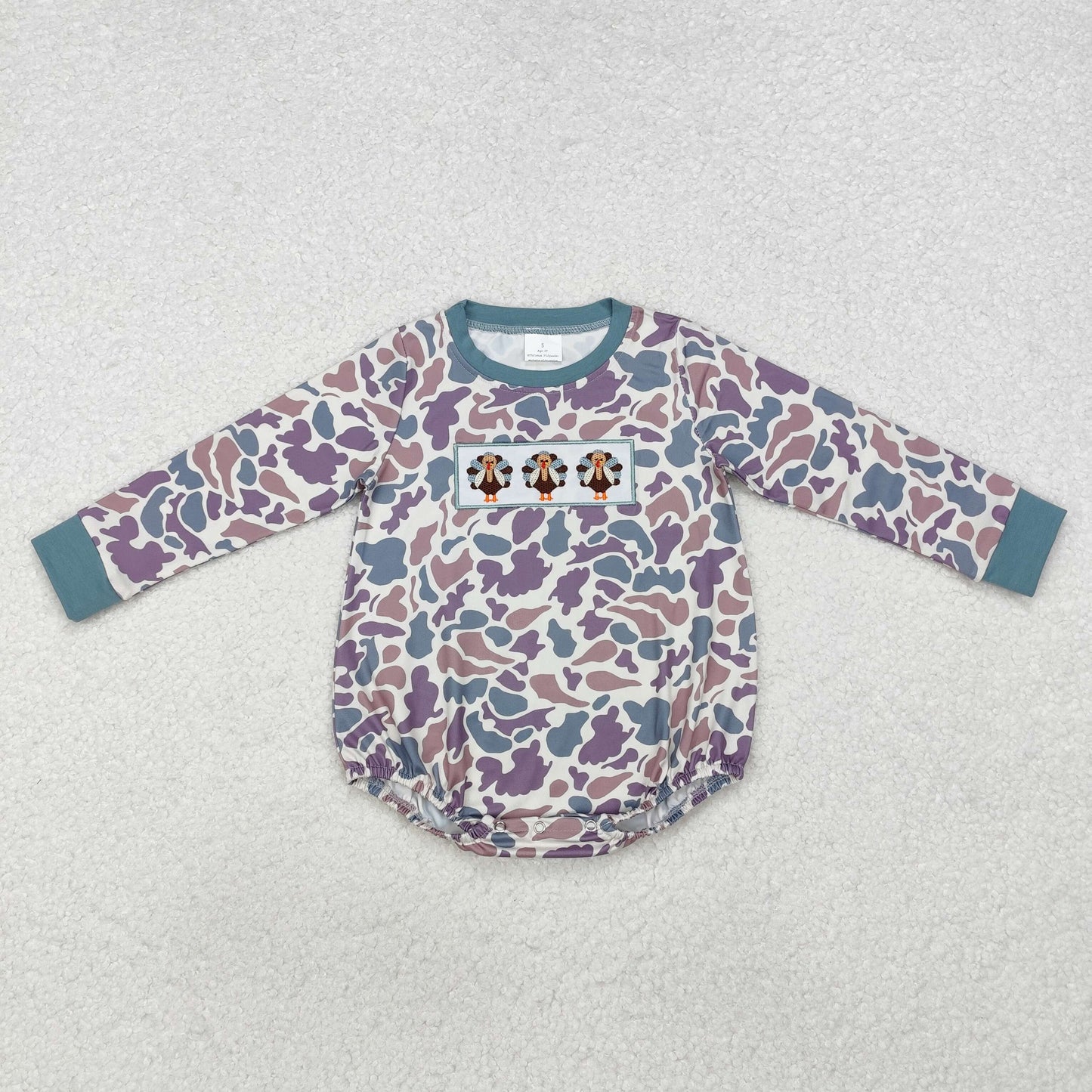 Baby Boy Infant Long Sleeves Thanksgiving Embroidery turkey Camo Bubble Romper