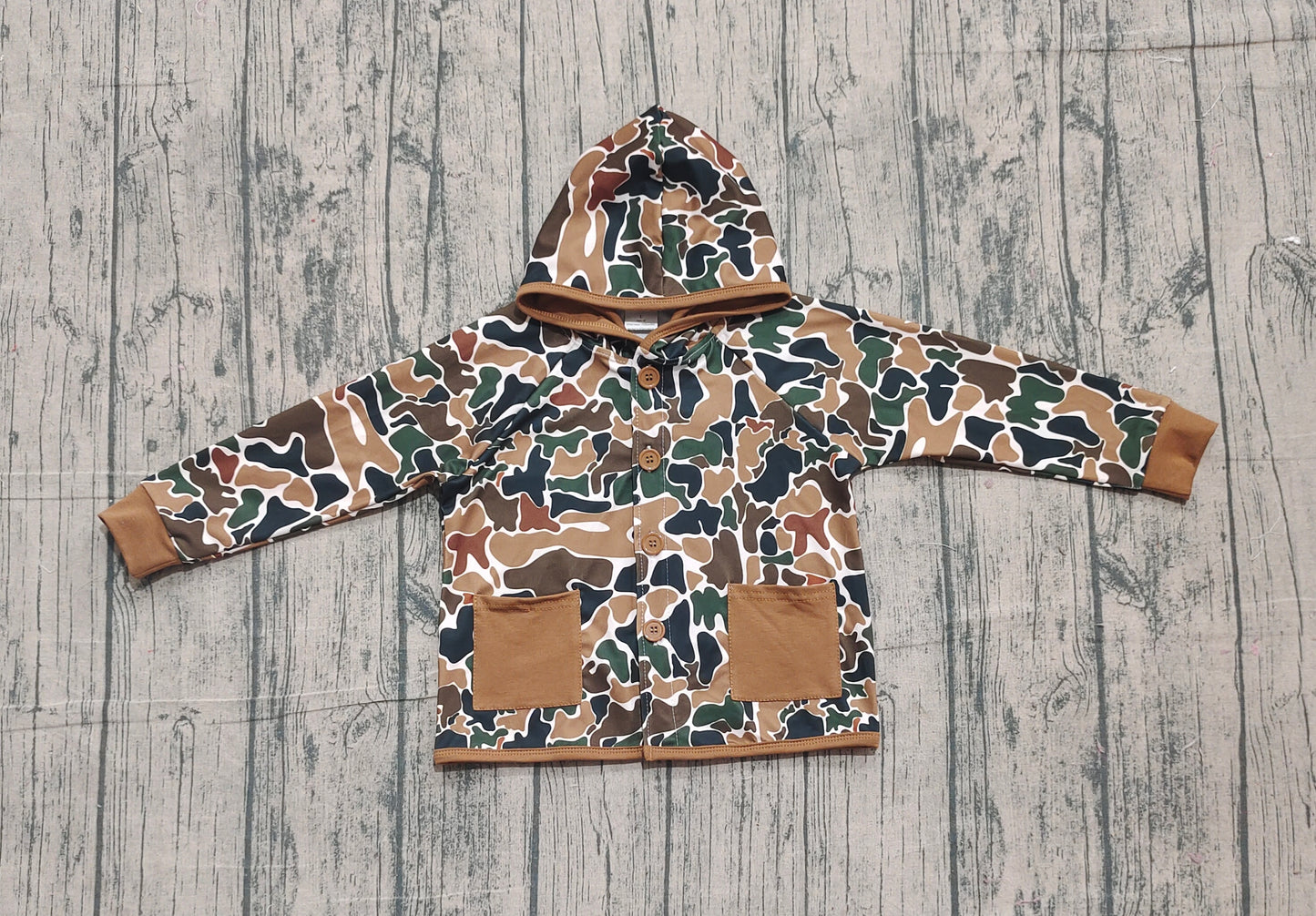 ( No moq ) Preorder Baby Boys Kids Brown Brown Green Camo Hoodie Pockets Buttons Shirt Tops