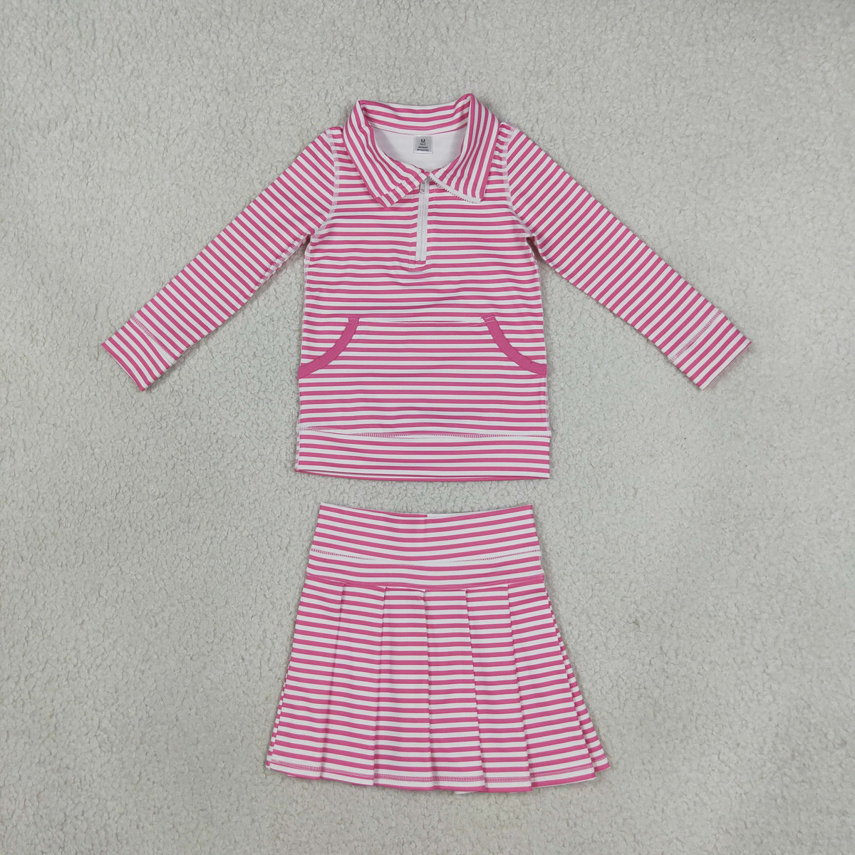 Baby Girls Kids Long Sleeves Pink Stripes Zipper Shirt Skirt Shorts Set Yoga Active Clothes RTS