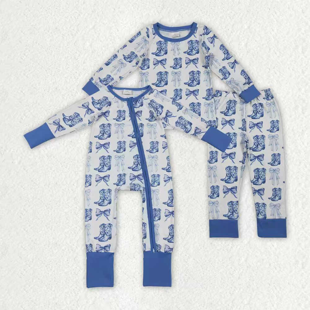Sibling Baby Girl Long Sleeves Blue Bows Boots Western Zipper Romper Pajamas Clothes Set RTS