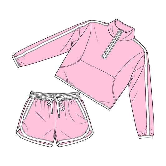 ( Moq 5 ) Preorder Adult Women Long Sleeves White Zipper Tops Shorts Pink Set Clothes