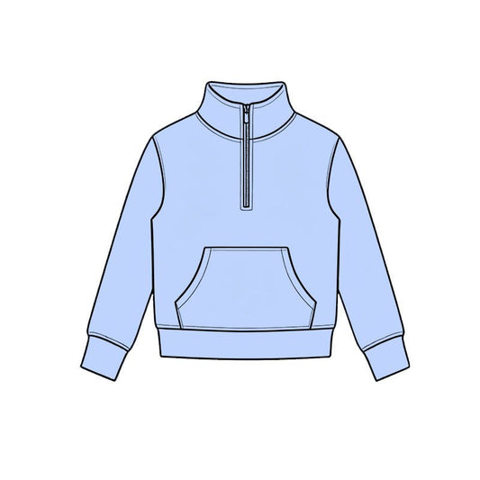 ( Moq 5 ) Preorder Baby Girls Kids Blue Long Sleeves Pocket Zipper Pullover Yoga Active Shirt