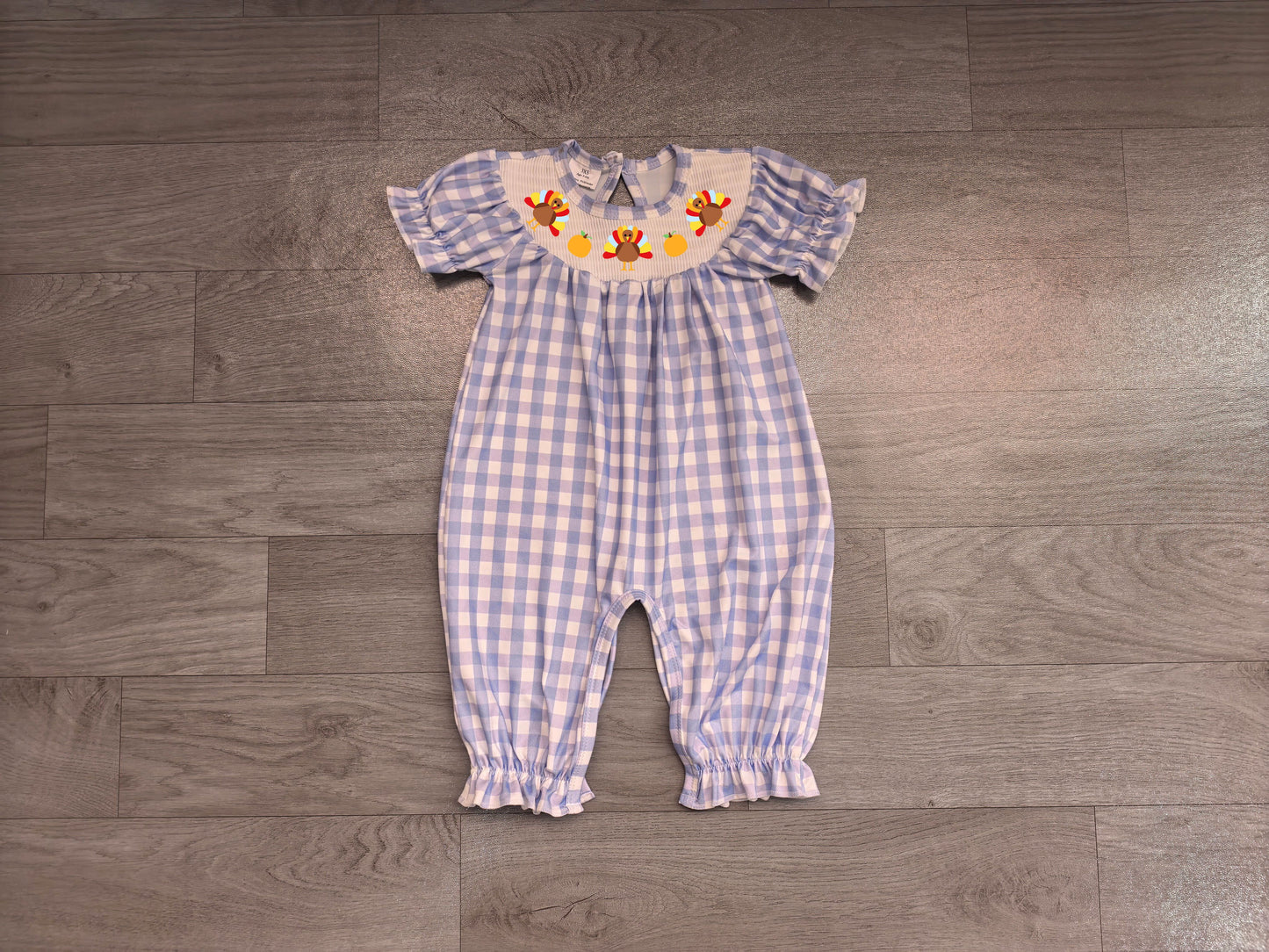 ( No moq ) Preorder Baby Girls Infant Embroidery turkey Pumpkins Blue Plaid Fall Romper