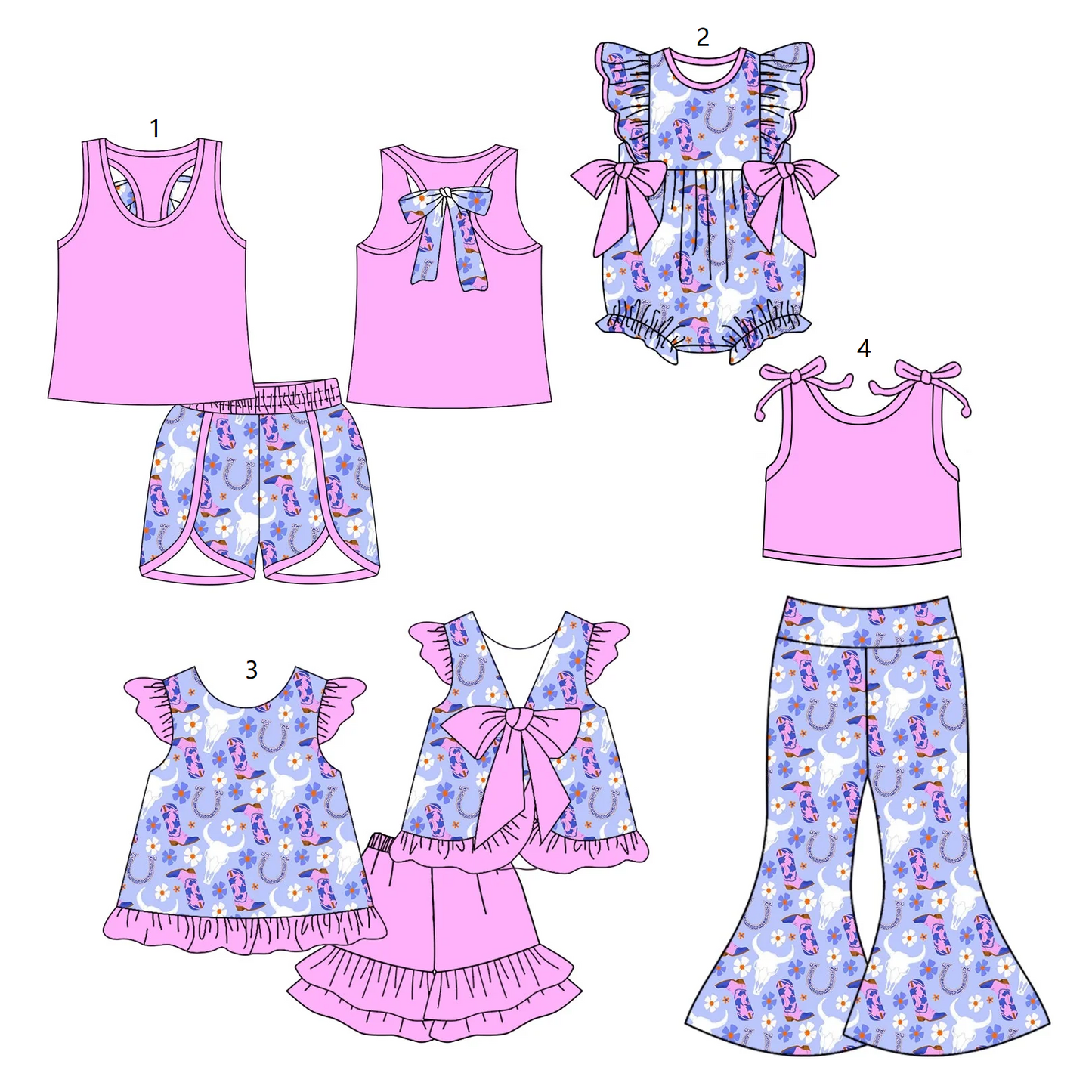 ( Moq 5 Each Style ) Baby Girl Western Cow Boots Flower Sibling Romper Set 4.22