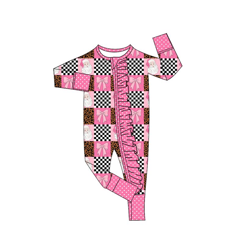 ( Moq 5 ) Preorder Baby Girls Infant Santa Bows Plaid Zipper Footie Sleeper Romper Christmas Clothes