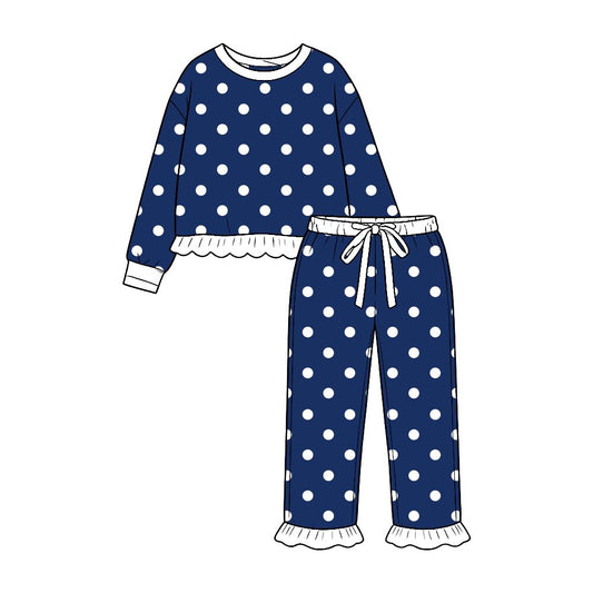 ( Moq 5 ) Preorder Baby Girls Kids Long Sleeves Dots Shirt Ruffle Pants Set Navy Clothes
