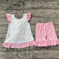 ( No moq ) Preorder Girls Kids Short Sleeves Flower Bows Stripes Ruffle Tops Shorts Clothes Set