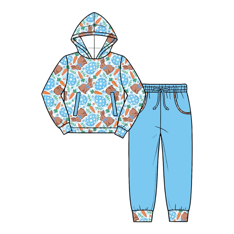 ( Moq 5 ) Preorder Baby Boys Kids Rabbits Carrots Eggs Hoodie Pullover Pockets Blue Pants Easter Set Clothes
