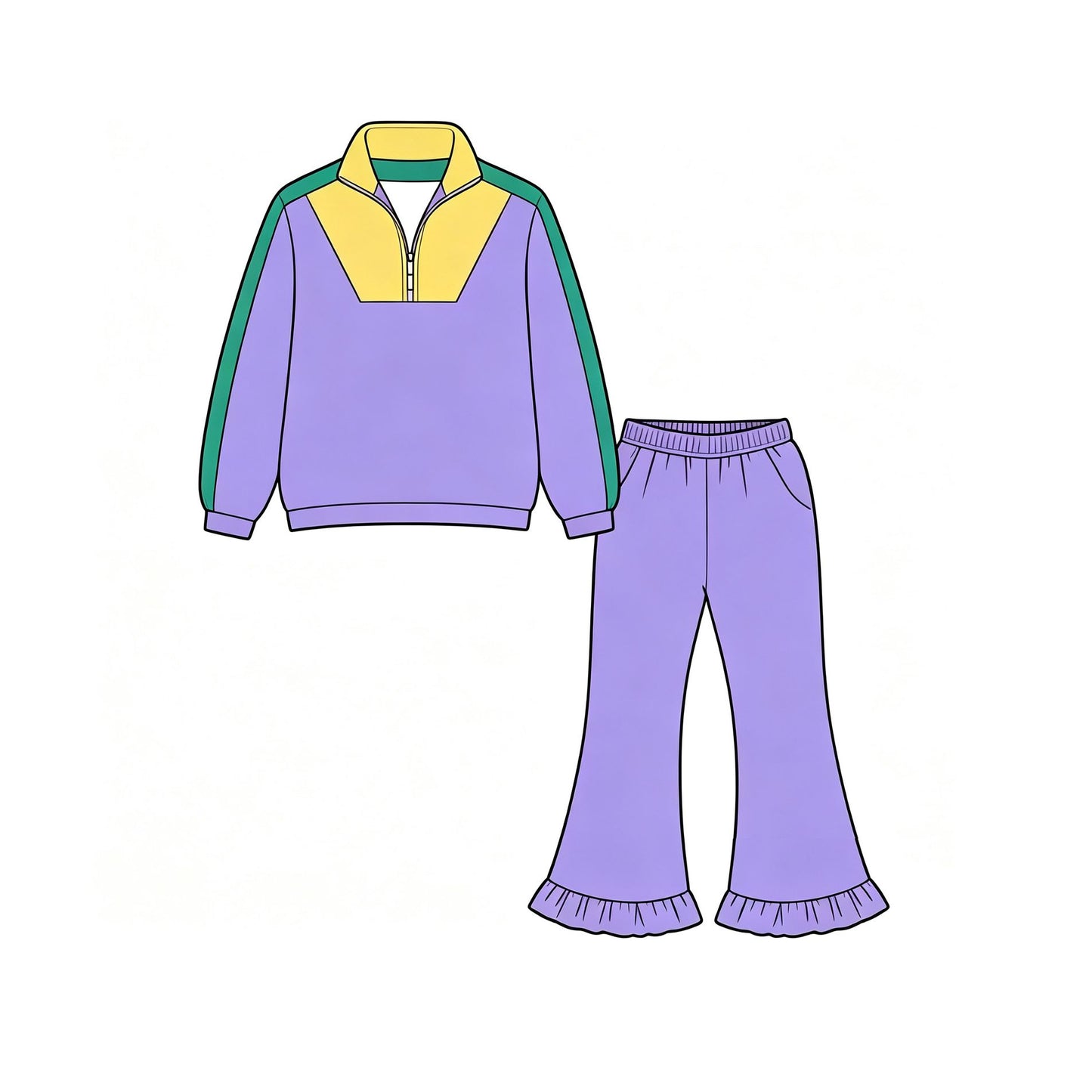 ( Moq 5 ) Preorder Baby Girls Kids Zipper Pullover Purple Pockets Pants Mardi Gras Set Yoga Active Clothes