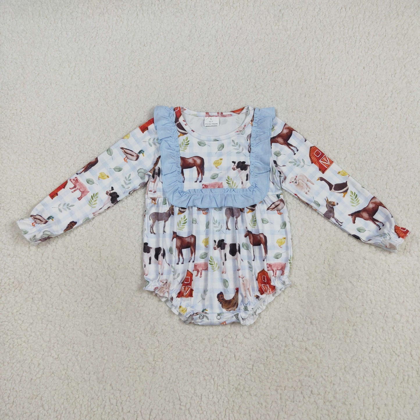 Baby Girl Long Sleeves Farm Animals Blue Ruffle Bubble Romper RTS