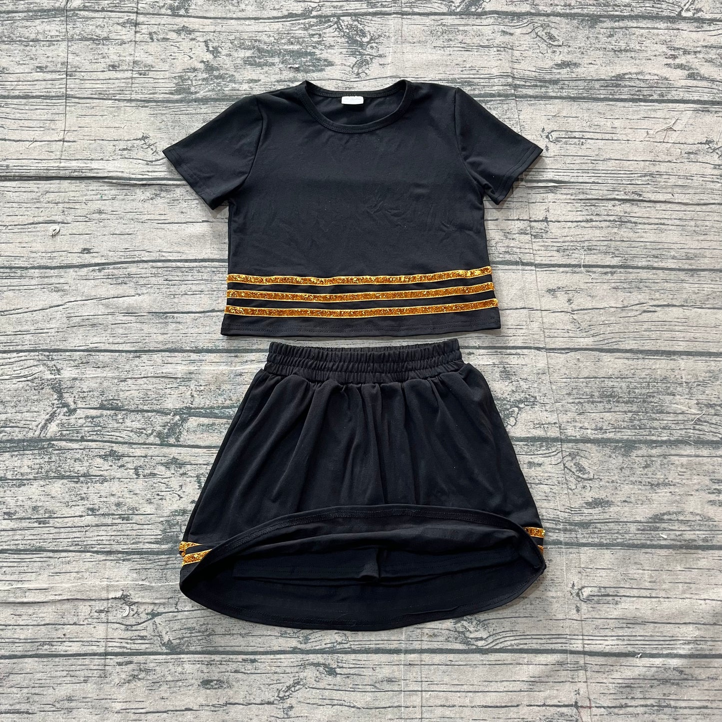Baby Girls Kids Short Sleeves Stripes Shirt Skirt Shorts Set Black Cotton Clothes RTS
