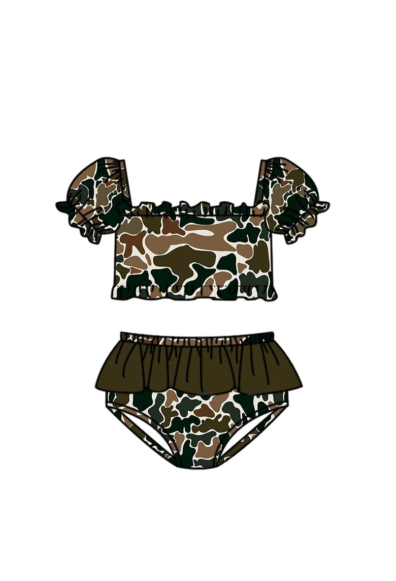 ( Moq 5 ) Preorder Baby Girls Kids Short Sleeves Brown Green Camo Tops Brown Ruffle Shorts Set Swimsuit