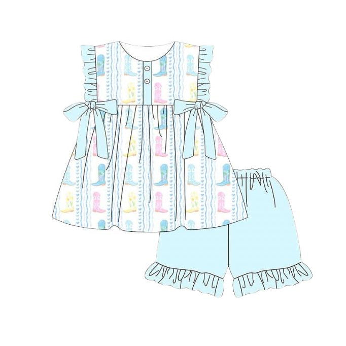 ( Moq 5 ) Preorder Baby Girls Kids Western Boots Bows Tops Blue Ruffle Shorts Set Clothes