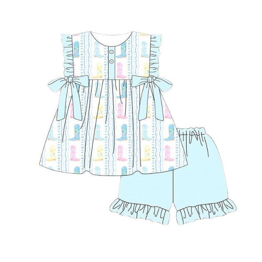 ( Moq 5 ) Preorder Baby Girls Kids Western Boots Bows Tops Blue Ruffle Shorts Set Clothes