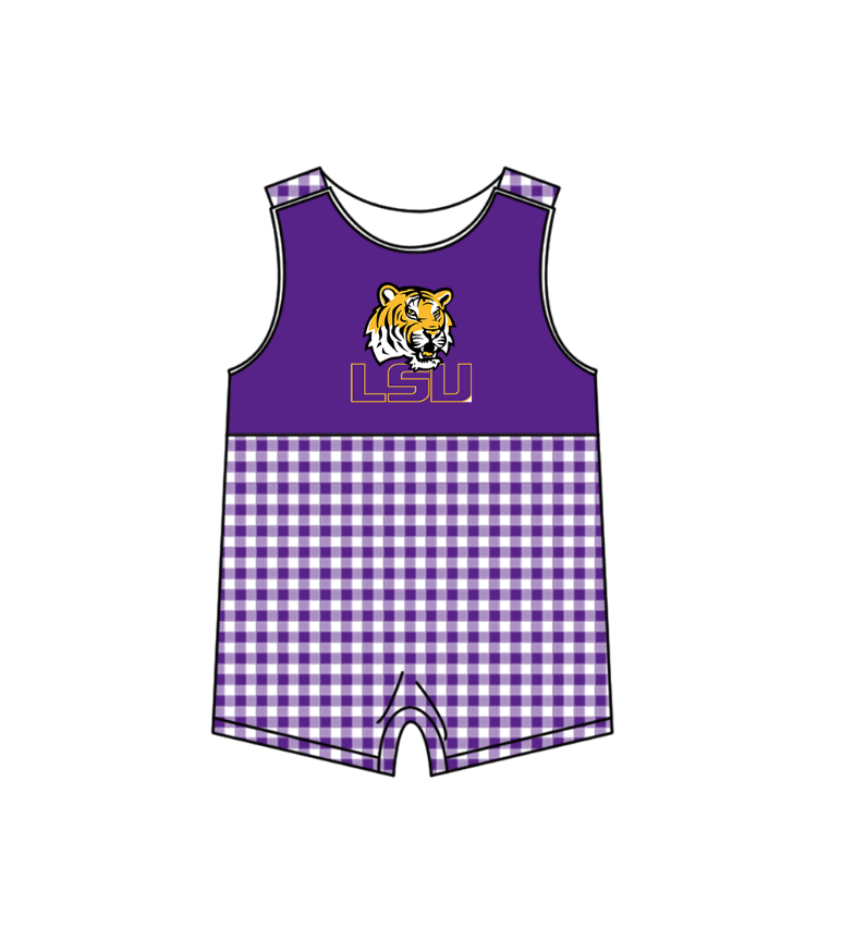 ( Moq 5 ) Baby Boys Kids Sleeveless Tiger Purple Plaid Team Summer Romper