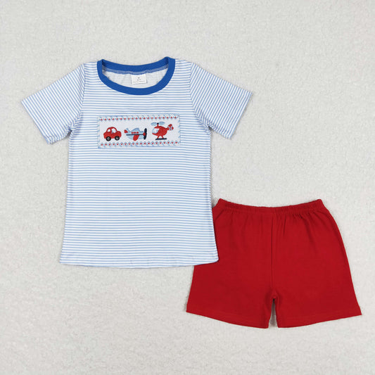 Baby Boy Short Sleeves Embroidery Plane Car Stripes Shirt Red Shorts Set