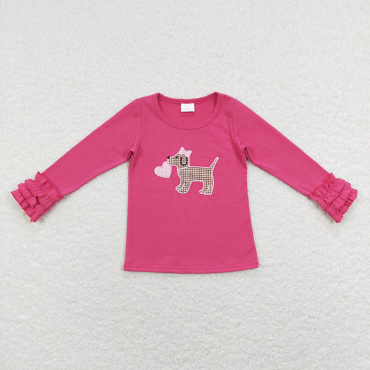 GT0409 Baby Girl Long Sleeves Valentine's Embroidery Dog Heart Cotton Shirt