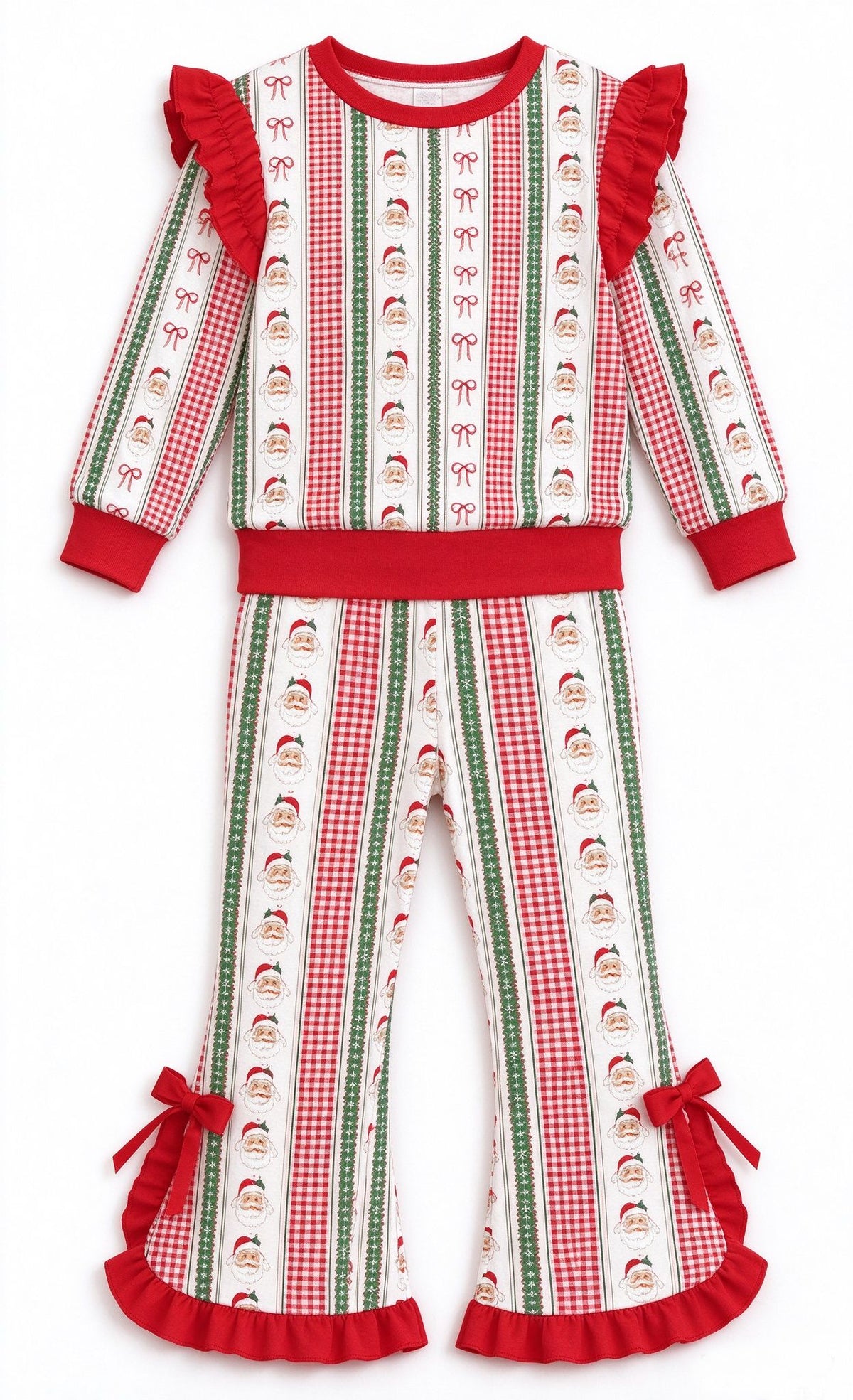 ( Moq 5 ) Preorder Baby Girls Kids Santa Bows Shirt Ruffle Pants Set Christmas Clothes