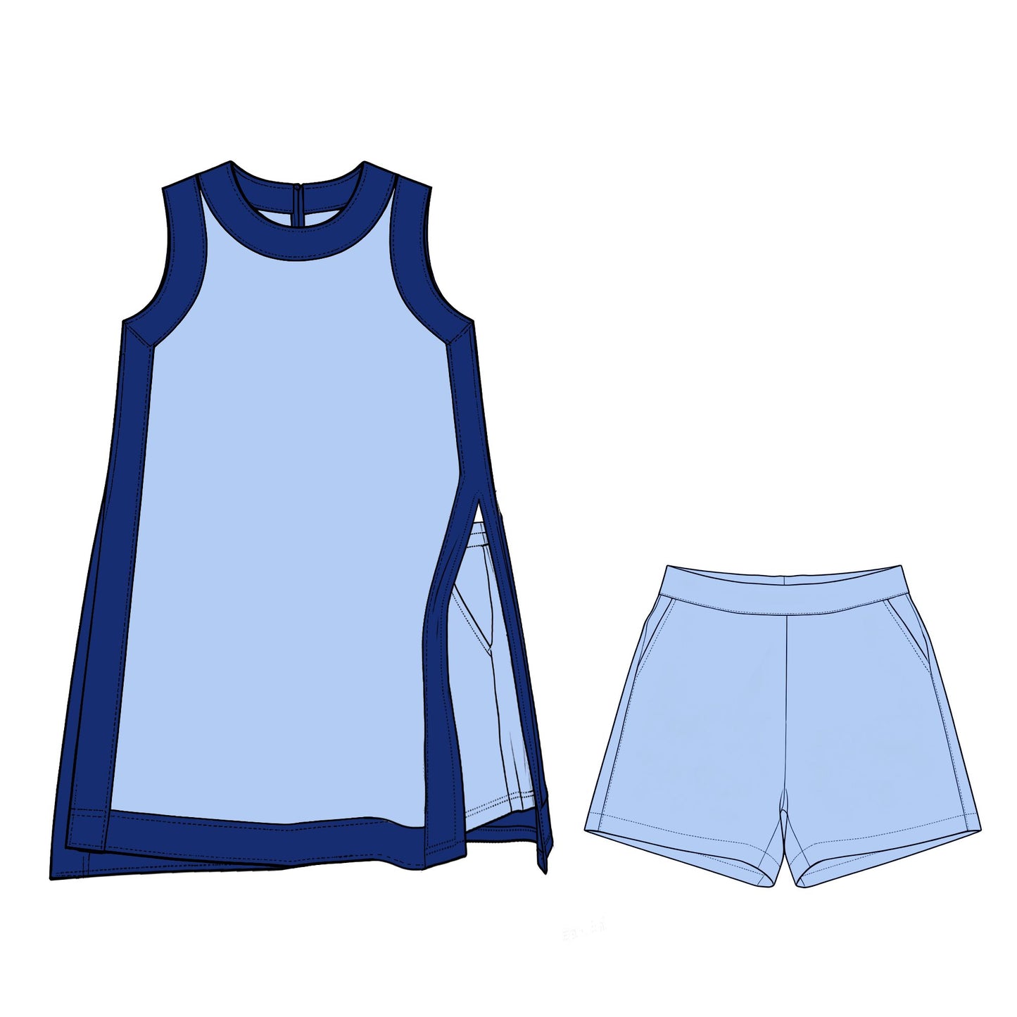( Moq 5 ) Preorder Baby Girls Kids Sleeveless Tops Blue Pockets Shorts Set Yoga Active Clothes