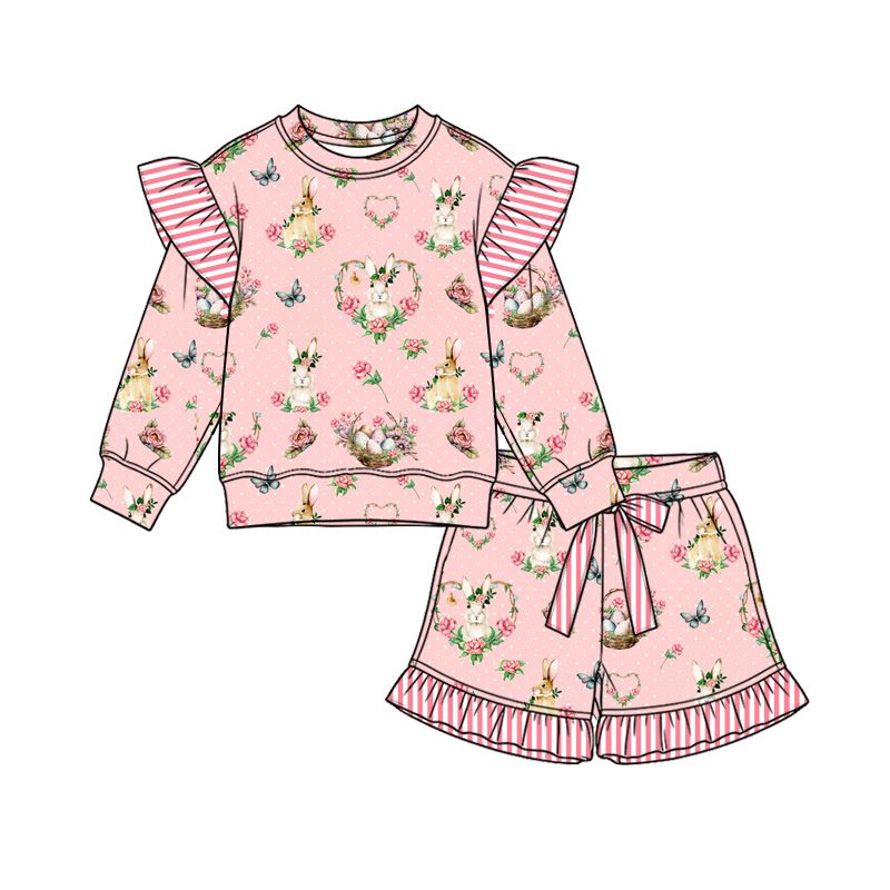 ( Moq 5 ) Preorder Baby Girls Kids Rabbits Eggs Flower Shirt Ruffle Shorts Set Easter Clothes