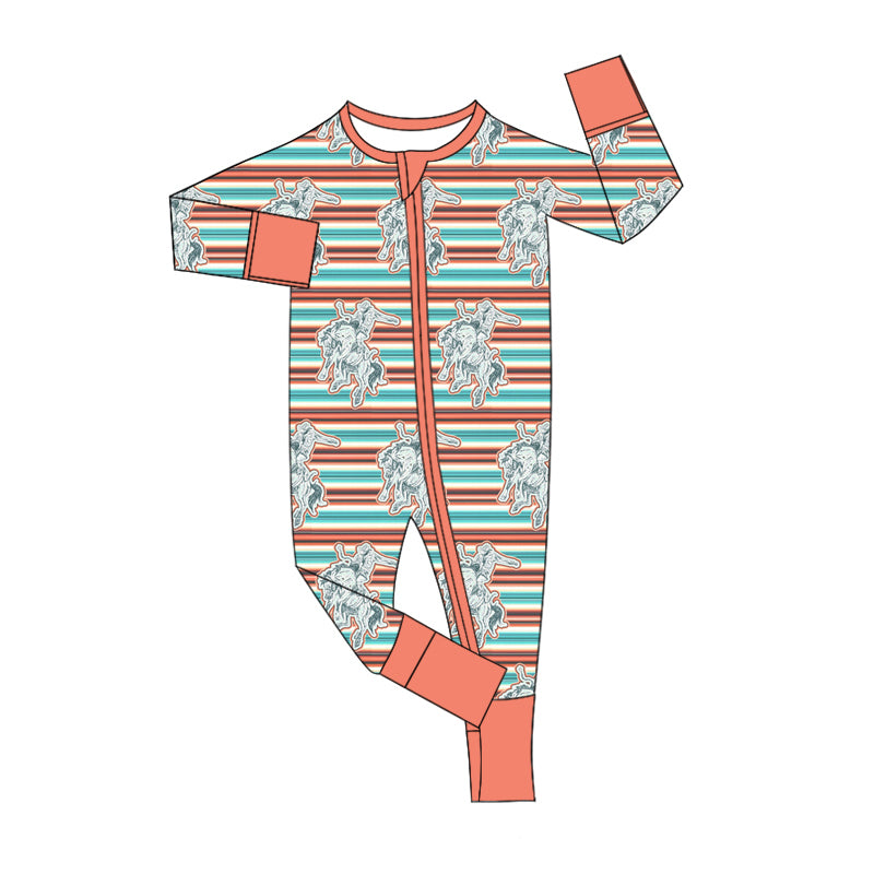 Baby Boy Infant Western Horse Stripes Zipper Romper