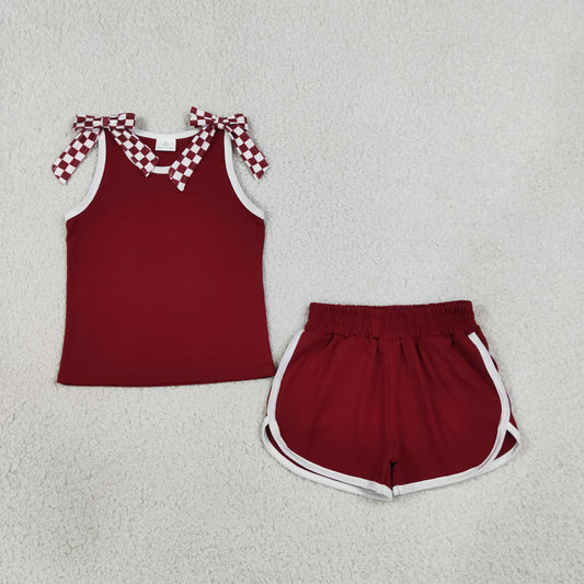 Baby Girls Kids Sleeveless Checked Bows Shirt Shorts Dark Red Set Summer Clothes RTS