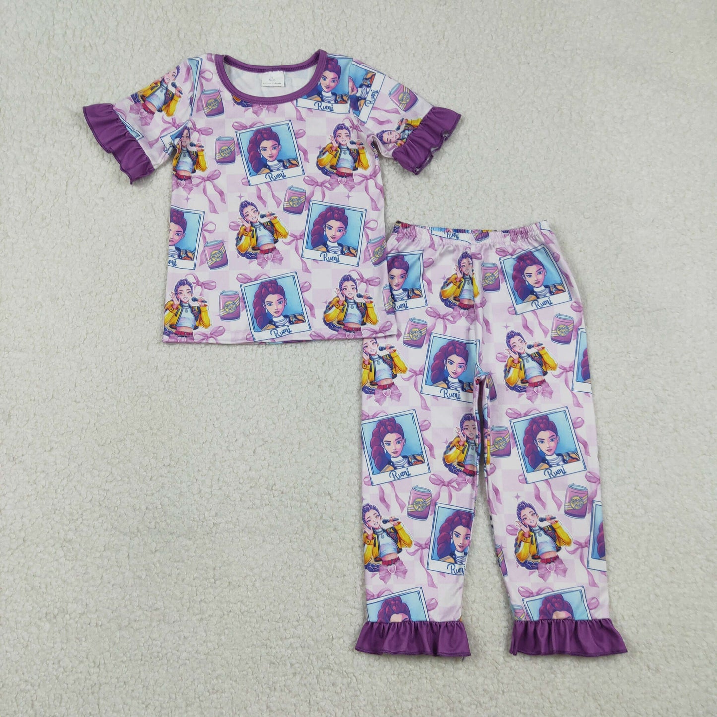 Baby Girls Short Sleeves Singer Characters Purple Bows Shirt Pants Pajamas Set RTS