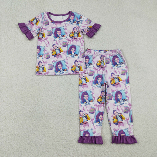 Baby Girls Short Sleeves Singer Characters Purple Bows Shirt Pants Pajamas Set RTS