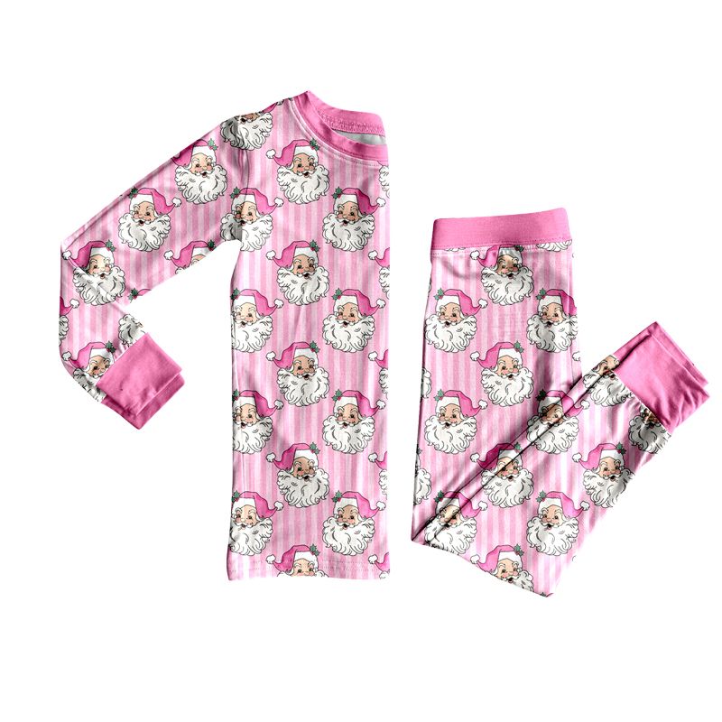 ( Moq 5 ) Preorder Baby Girls Kids Christmas Santa Shirt Pink Stripes Pants Set Pajamas Clothes