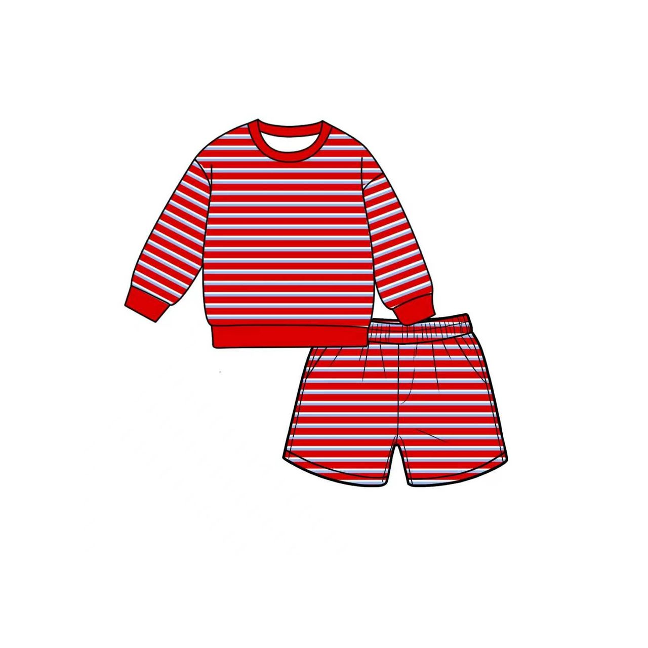 ( Moq 5 ) Preorder Baby Girls Kids Long Sleeves Red Blue Stripes Shirt Shorts Set Yoga Active Clothes