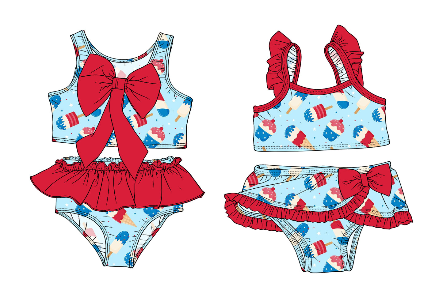 ( Moq 5 Each Style ) Sibling Baby Girls Kids Popsicles Tops Ruffle Shorts 4th of July Sets Summer Swimsuits