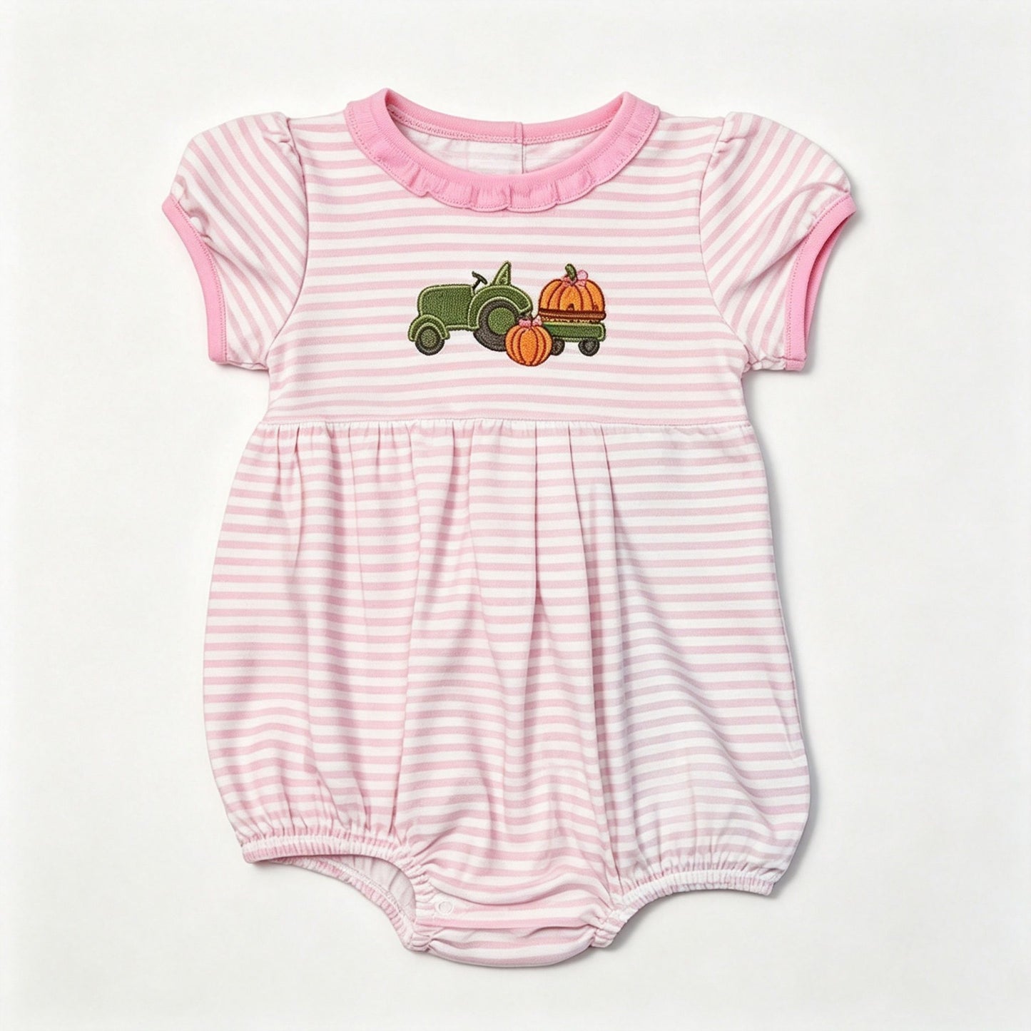 ( Moq 5 ) Preorder Baby Boys Kids Short Sleeves Pumpkin Tractor Pink Stripes Fall Romper Clothes