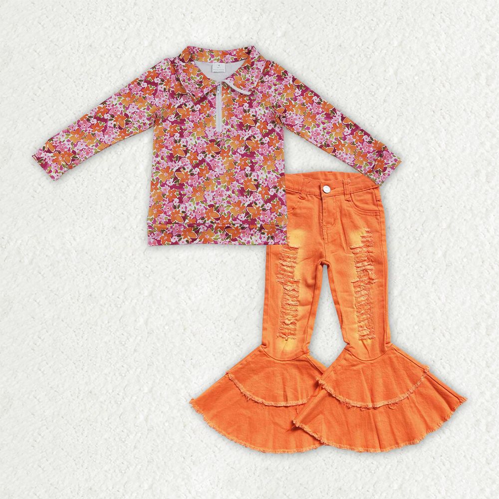 Baby Girls Long Sleeves Flower Zipper Shirt Jeans Denim Pants Set Clothes RTS