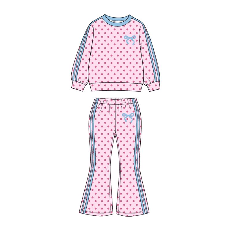 ( Moq 5 ) Preorder Baby Girls Kids Long Sleeves Dots Shirt Pants Bows Set Light Pink Clothes
